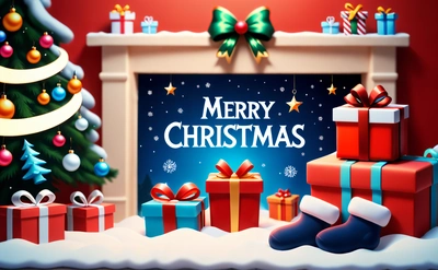 A Christmas fireplace with presents and a Christmas tree in the background with a Merry Christmas message on it's side and a fireplace with a Christmas tree and presents, 4 k hd wallpaper, a digital rendering, naive art