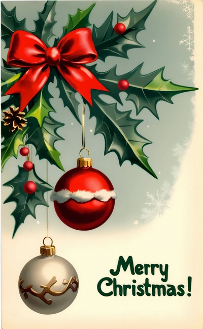 A Christmas card with a red ornament and holly leaves and a red ball hanging from a red ribbon on a white background with a Merry Christmas message, plain background, a digital rendering, computer art