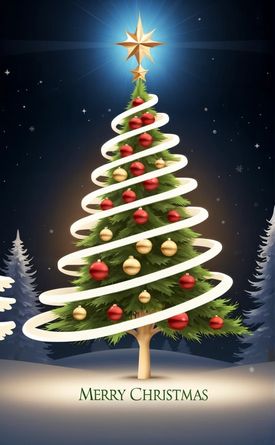 A Christmas tree with a star on top of it and a star above it on a snowy background with a star above it and a snowing forest, rim lights, a digital rendering, computer art