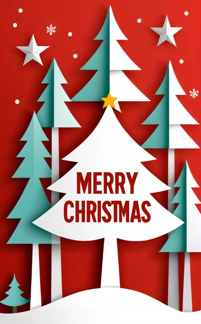 A Merry Christmas card with a paper cut out of a Christmas tree and stars on the top of it, with a red background with white snow and blue trees, post processed, a digital rendering, naive art