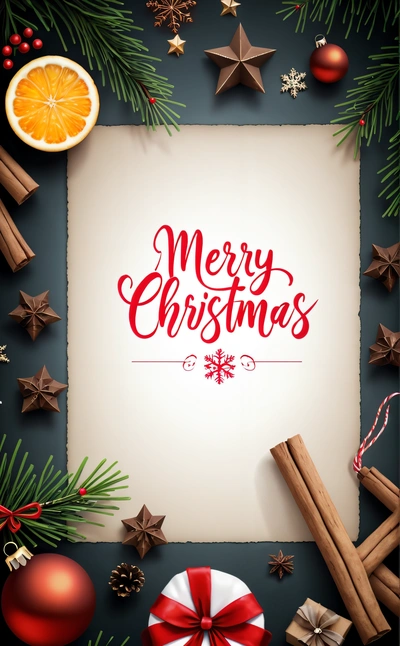 A Christmas card with a message and decorations around it on a dark background with a white sheet of paper in the center of the card, plain background, computer graphics, naive art