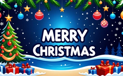 A Merry Christmas card with presents under a tree and snow covered ground with stars and snowflakes on it, and a blue background with a blue sky and white, plain background, computer graphics, naive art