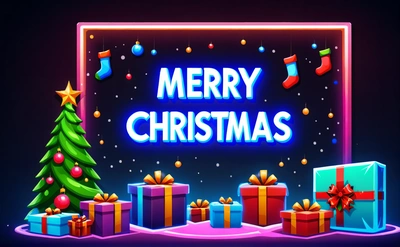 A Christmas card with presents and a Christmas tree in the background with a neon sign that says Merry Christmas on it's side and a neon blue background, hd wallpaper, computer graphics, computer art