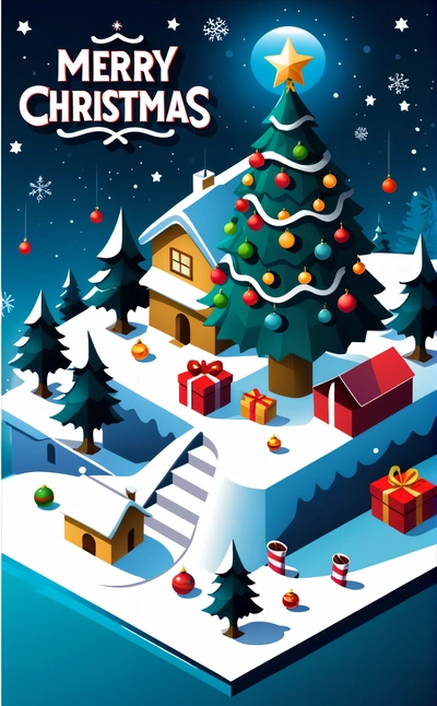 A Christmas card with a Christmas tree and presents on it, and a snow covered hill with a house and a star on top of it, behance hd, a storybook illustration, naive art