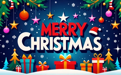 A Merry Christmas card with presents and presents under a tree with stars and snowflakes on a blue background with a Merry message below, post processed, computer graphics, naive art