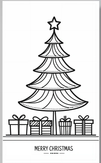 A Christmas tree with presents on it and a star above it, with the words Merry Christmas in black and white on a white background, line art, a wireframe diagram, naive art