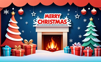 A Christmas fireplace with presents and a Merry sign above it with a fire place and Christmas trees in the background with snow on the ground, plain background, a digital rendering, naive art