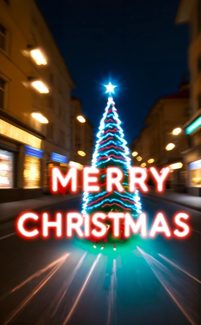 A Christmas tree with a Merry sign in the middle of the street at night time with lights on it and a blurry background of buildings, anamorphic lens flare, a digital rendering, computer art