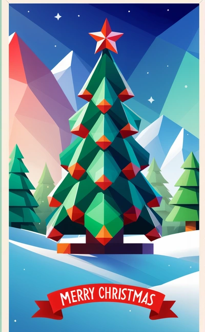 A Christmas card with a stylized Christmas tree and a red ribbon around it, with a snowy landscape in the background and a red ribbon around the tree, low poly, a low poly render, crystal cubism