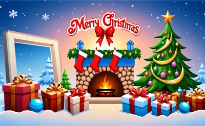 A Christmas scene with a fireplace and presents under a Christmas tree with a Merry Christmas sign above it and a picture frame with a Christmas tree, plain background, a digital rendering, naive art