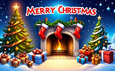 A Christmas scene with a fireplace and presents under a Christmas tree with a Merry Christmas message on it's side and a fireplace with stockings and stockings, hd wallpaper, a digital rendering, lyco art