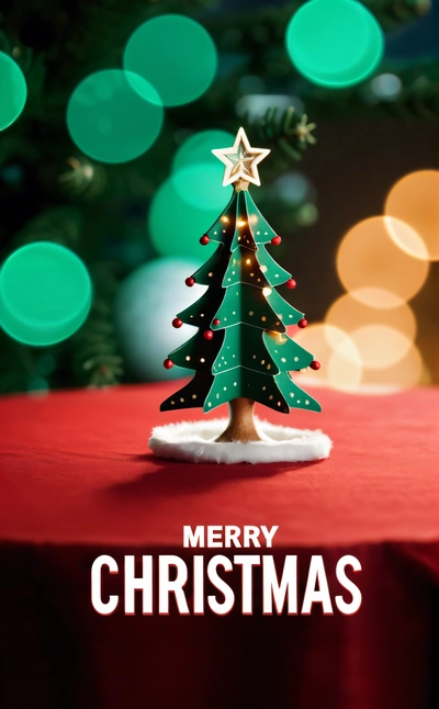 A Christmas tree on a table with a Merry message on it's side and a blurry background of lights and boke balls, unreal engine 5 quality render, a 3d render, naive art