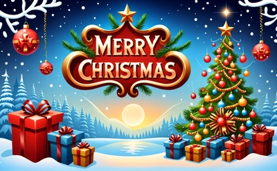 A Christmas card with presents and a Christmas tree in the snow with a Merry Christmas sign above it and a snow covered landscape with snow, post processed, a digital rendering, naive art