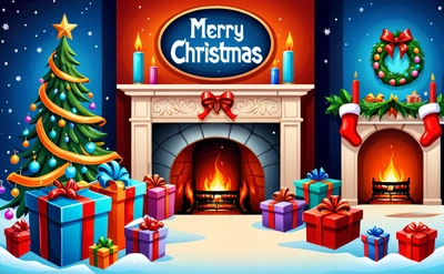 A Christmas fireplace with presents and a Merry sign above it that says Merry Christmas on it's mantle and a wreath with a wreath, plain background, a digital rendering, naive art