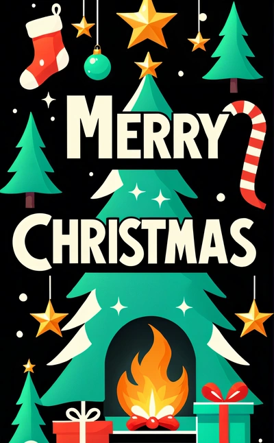 A Christmas card with a fireplace and presents on it, and a Merry Christmas message in the center of the card, with a fire and a Christmas tree, dark background, vector art, computer art