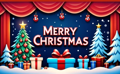 A Merry Christmas scene with presents and a Christmas tree with a red ribbon and a blue background with a red curtain and a red bow, plain background, a digital rendering, naive art