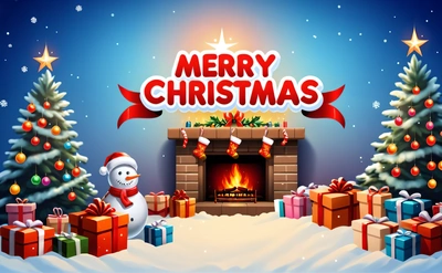 A Christmas scene with a fireplace and presents under a Merry sign with a snowman and a snowman with a red scarf and hat, behance hd, computer graphics, naive art
