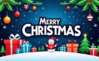 A Merry Christmas card with presents and presents under a tree with a santa clause on it and a snowman holding a gift box in the middle, plain background, computer graphics, naive art