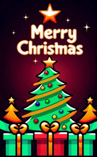 A Christmas tree with presents under it and a star above it with Merry Christmas written on it and a red background with stars and a, plain background, a digital rendering, naive art