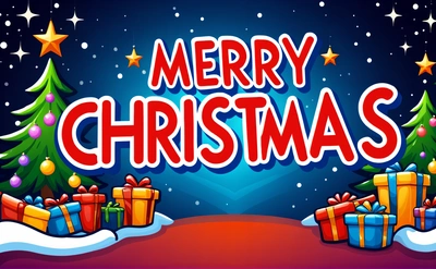 A Merry Christmas card with presents under a tree and stars on a blue background with a red border and a red border with a red border, plain background, computer graphics, naive art