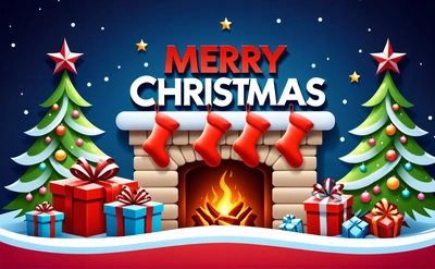 A Christmas fireplace with presents and presents around it with Merry Christmas lettering on top of it and a Christmas tree in the background with stars, plain background, a digital rendering, naive art