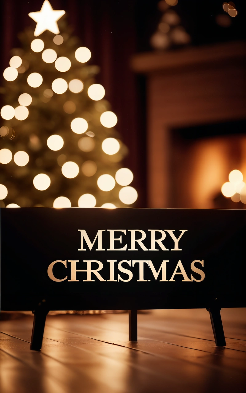 A Merry Christmas sign sitting on a wooden floor in front of a Christmas tree with lights in the background and a lit fireplace in the background, plain background, a digital rendering, folk art