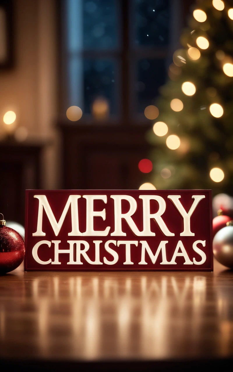 A Merry Christmas sign sitting on a table next to a Christmas tree with lights in the background and a lit Christmas tree in the background, 4k uhd image, a digital rendering, naive art