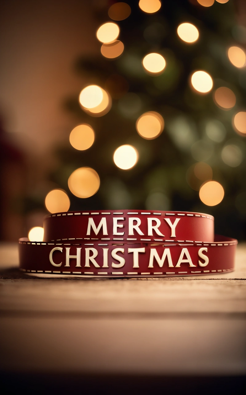 A red Christmas collar with Merry Christmas written on it and a Christmas tree in the background with lights in the background and a Christmas tree, kodachrome, a 3d render, verdadism