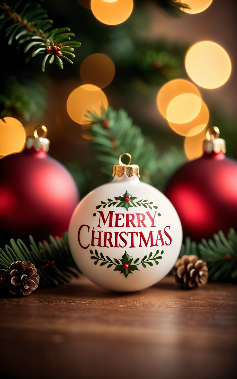 A Christmas ornament sitting on top of a wooden table next to a Christmas tree with lights in the background and a pine cone, 4k uhd image, a digital rendering, naive art