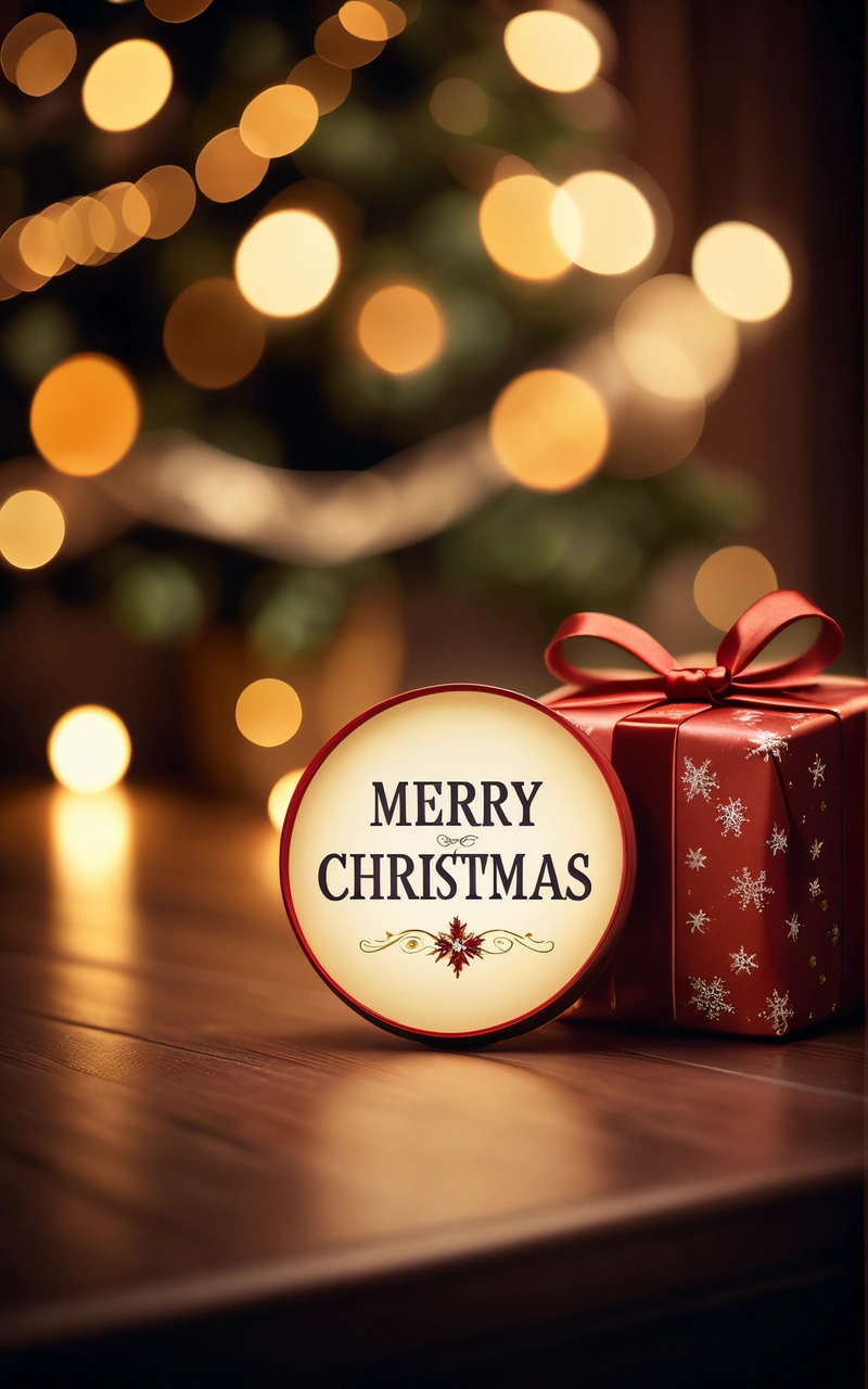 A Christmas present sitting on a table next to a Christmas tree with lights in the background and a Merry Christmas sign on it's side, post processed, a digital rendering, naive art