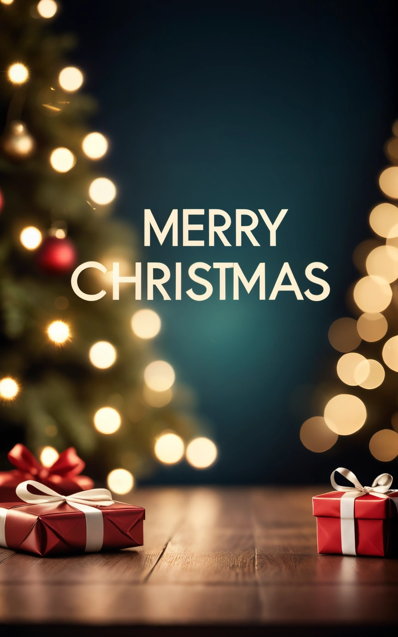 A Christmas tree with a red and white present box and a Merry Christmas message on it with a lit Christmas tree in the background with lights, plain background, a digital rendering, naive art