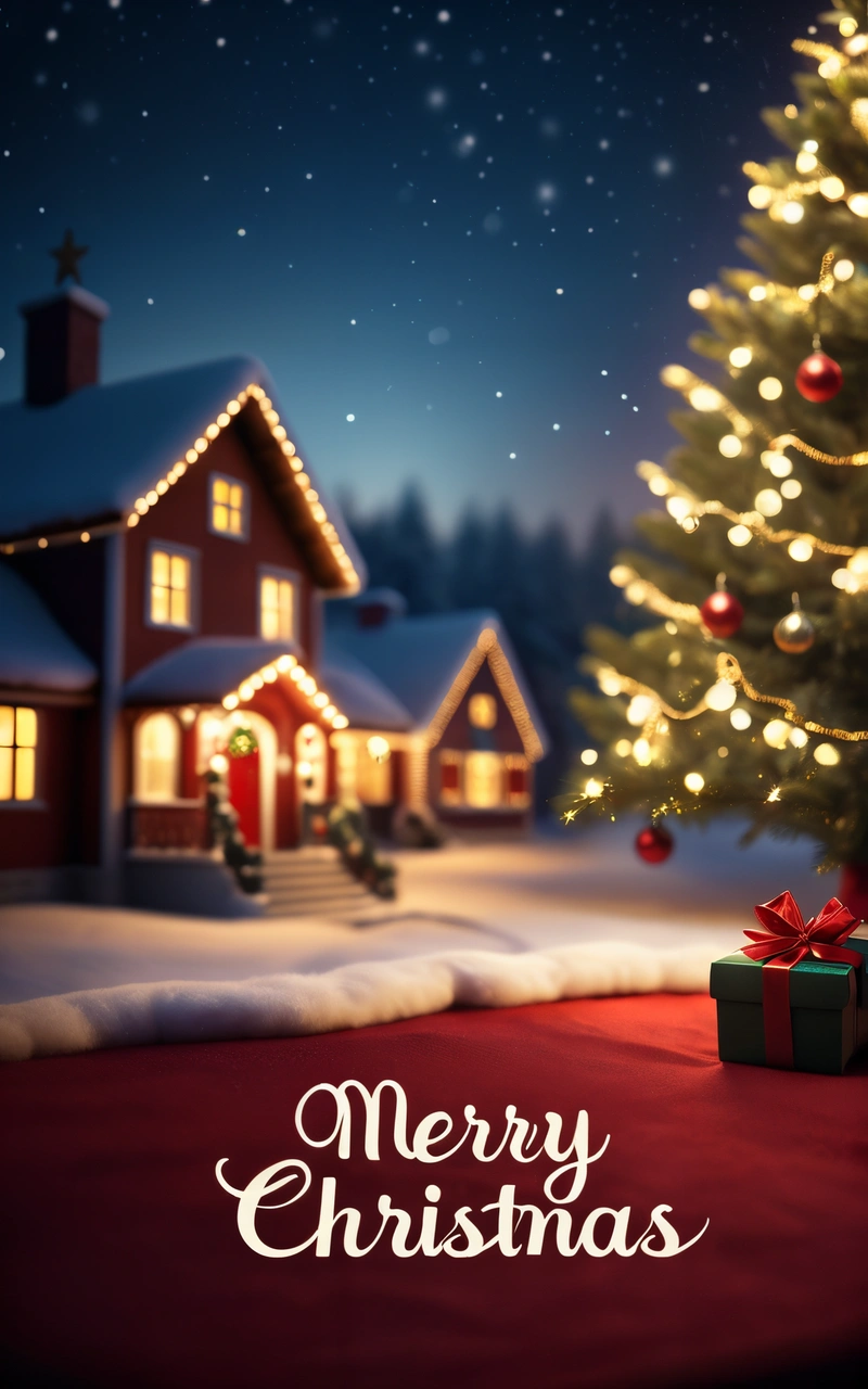 A Christmas tree with a lit up house in the background and a red carpet with a red bow on it and a Merry Christmas message, hd wallpaper, a digital rendering, naive art