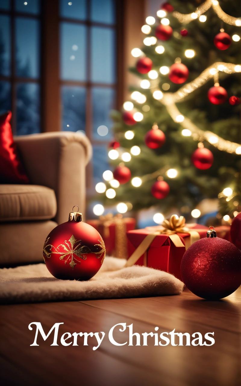 A Christmas tree with presents and a Merry Christmas card with a picture of a Christmas tree in the background with a lit Christmas tree in the background, 4k uhd image, a 3d render, photorealism