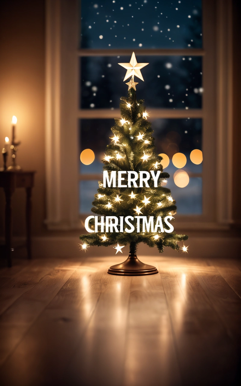 A Christmas tree with a Merry message on it in front of a window with a lit candle and a lit candle holder in the foreground, dark background, a digital rendering, computer art