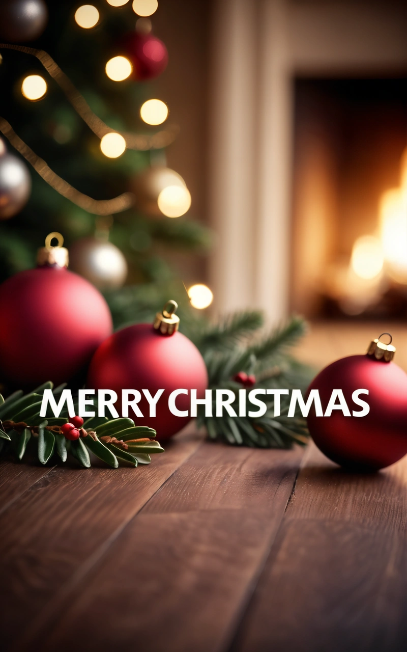 A Christmas tree with a Merry Christmas message on it and ornaments around it on a wooden floor with a fireplace in the background and a lit Christmas tree, plain background, computer graphics, naive art