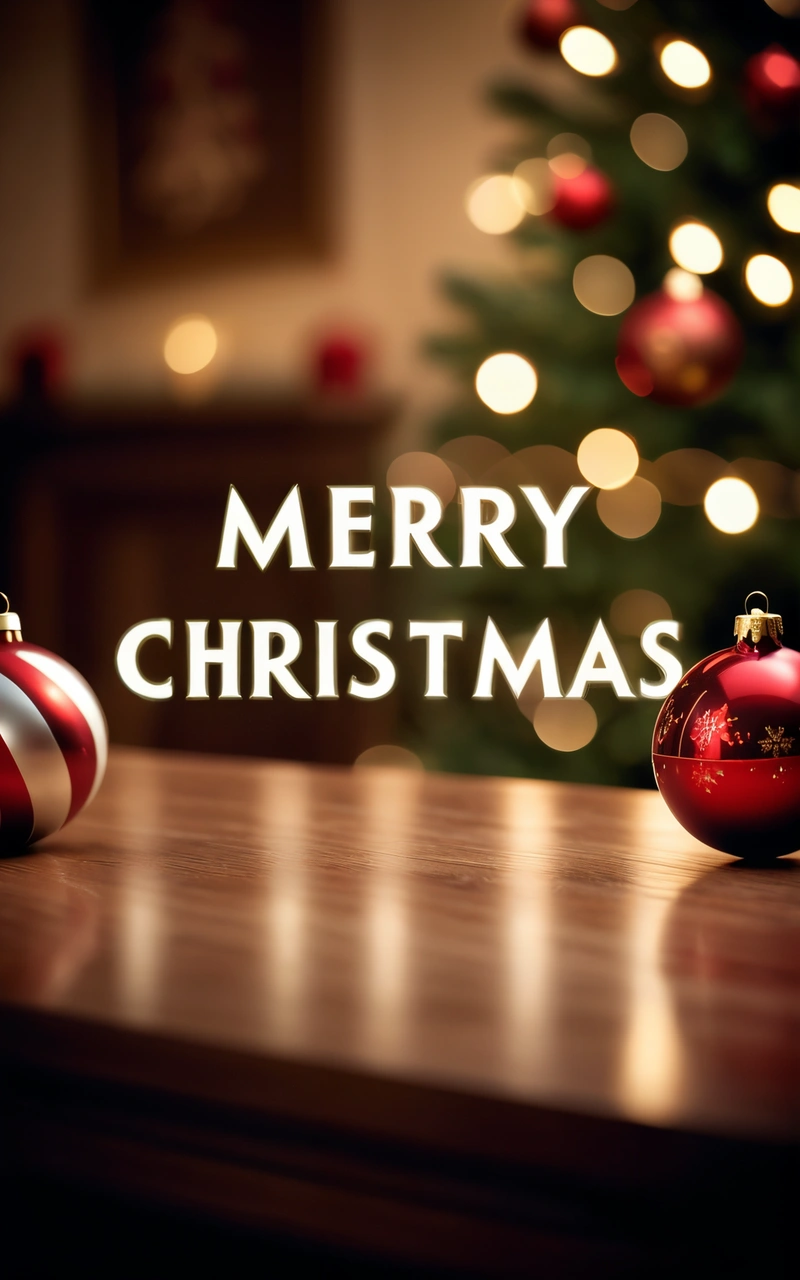 A Christmas tree with a Merry Christmas message on it and ornaments on a table in front of it with a blurred background of lights and a Christmas tree, post processed, a digital rendering, naive art
