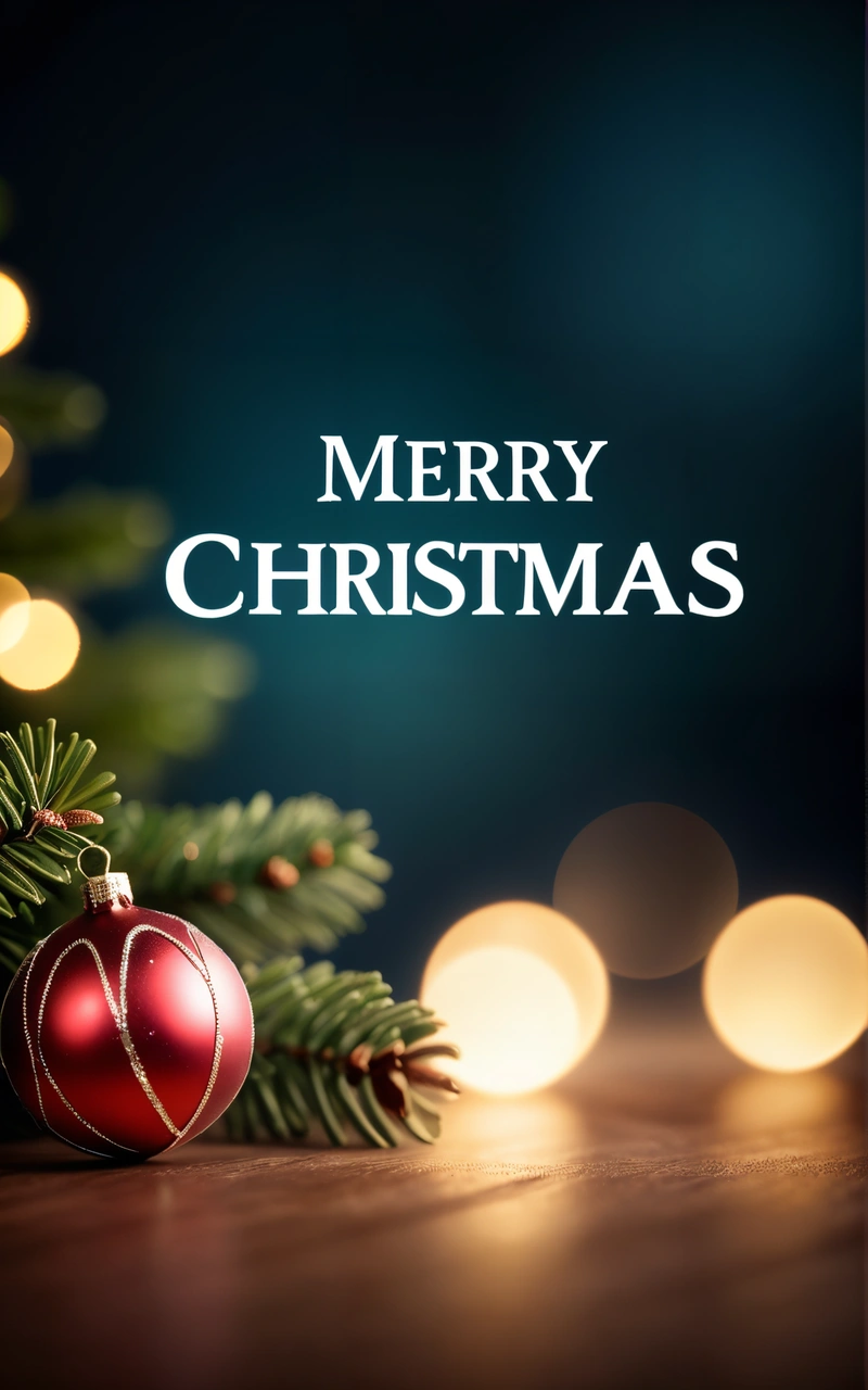 A Christmas card with a Christmas tree and ornaments on a table with lights in the background and a Merry Christmas message below it that reads,, plain background, a digital rendering, computer art