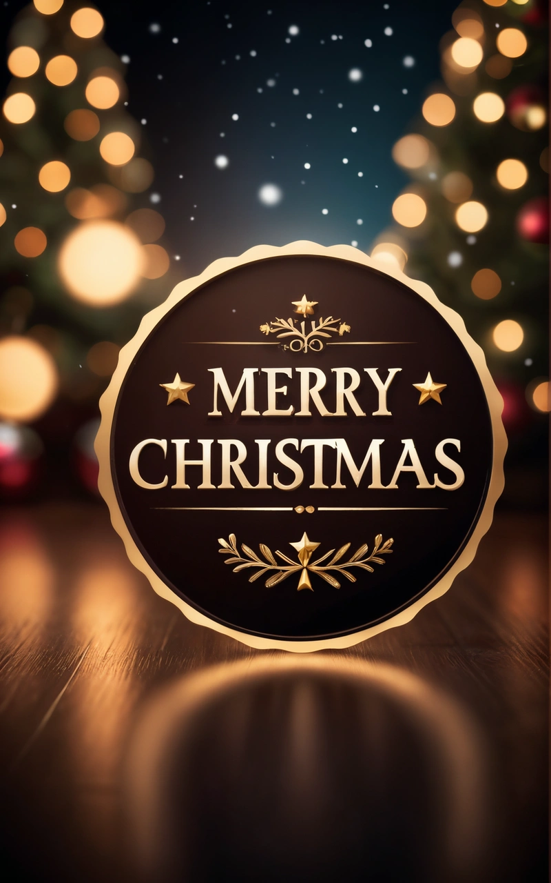 A Merry Christmas sign on a wooden table with lights in the background and a dark background with a gold border and a gold border with a gold border, plain background, a digital rendering, naive art