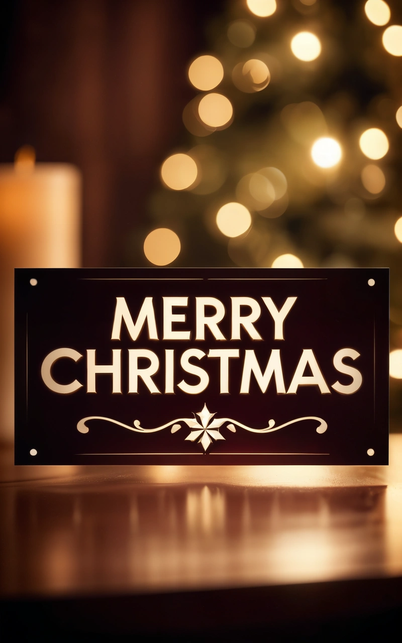 A Merry Christmas sign sitting on a table next to a lit Christmas tree with a lit candle in the background and a lit Christmas tree in the background, 4k uhd image, a 3d render, naive art