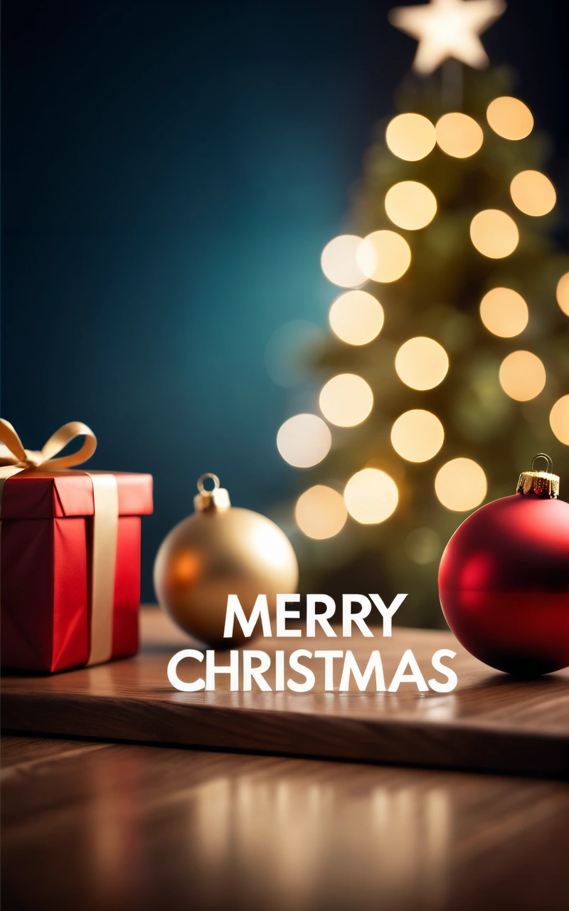 A Christmas tree with a Merry Christmas message on it and presents on the table next to it with a lit up Christmas tree in the background, post processed, a 3d render, naive art