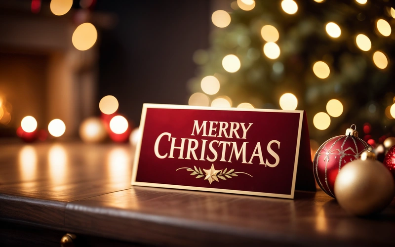 A Merry Christmas sign sitting on a table next to a Christmas tree with lights in the background and a lit Christmas tree in the background, 4k uhd image, a digital rendering, incoherents