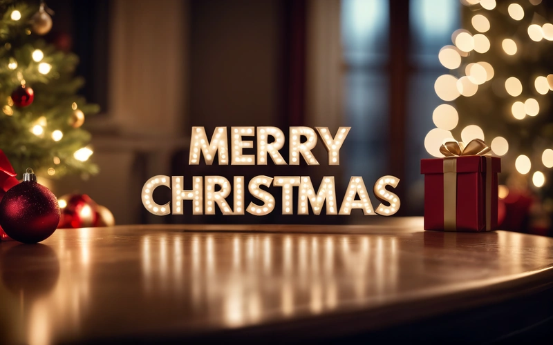 A Merry Christmas message with a Christmas tree in the background and presents on a table with a lit up Christmas tree in the background and a gift box, anamorphic lens flare, a 3d render, international typographic style