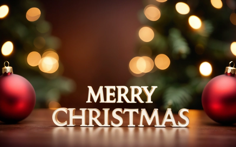 A Merry Christmas message with two red ornaments on a table with a Christmas tree in the background with lights in the background and a boke, plain background, a digital rendering, naive art