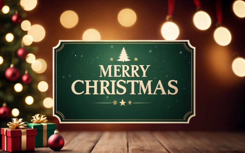 A Merry Christmas sign with presents on a wooden table with a Christmas tree in the background with lights on the wall and a Christmas tree, plain background, a digital rendering, naive art