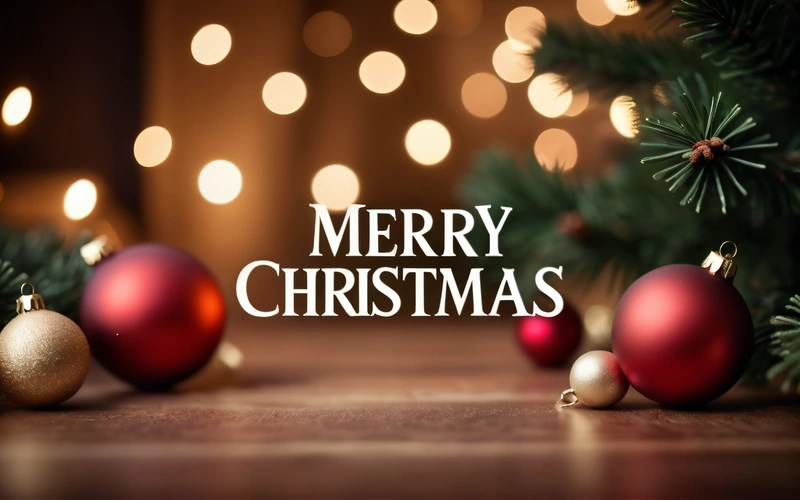 A Merry Christmas message with ornaments on a table with lights in the background and a Christmas tree in the foreground with a boke of lights, plain background, a digital rendering, naive art