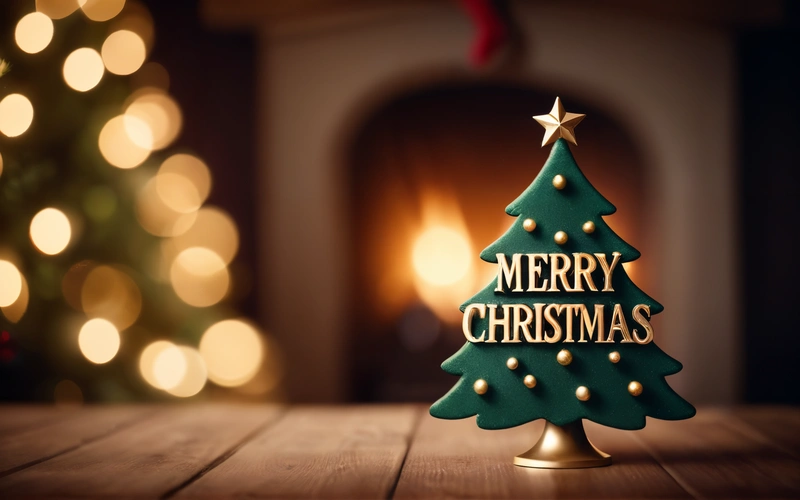 A Christmas tree with a Merry Christmas message on it sitting on a table in front of a fireplace with a lit Christmas tree in the background, 4k uhd image, a digital rendering, naive art