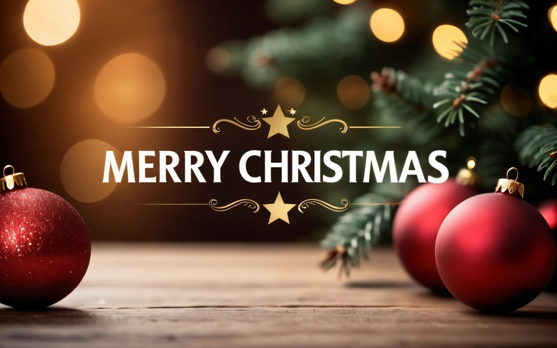 A Merry Christmas message with three red ornaments on a table with a Christmas tree in the background with boke lights in the background and a, plain background, a digital rendering, folk art