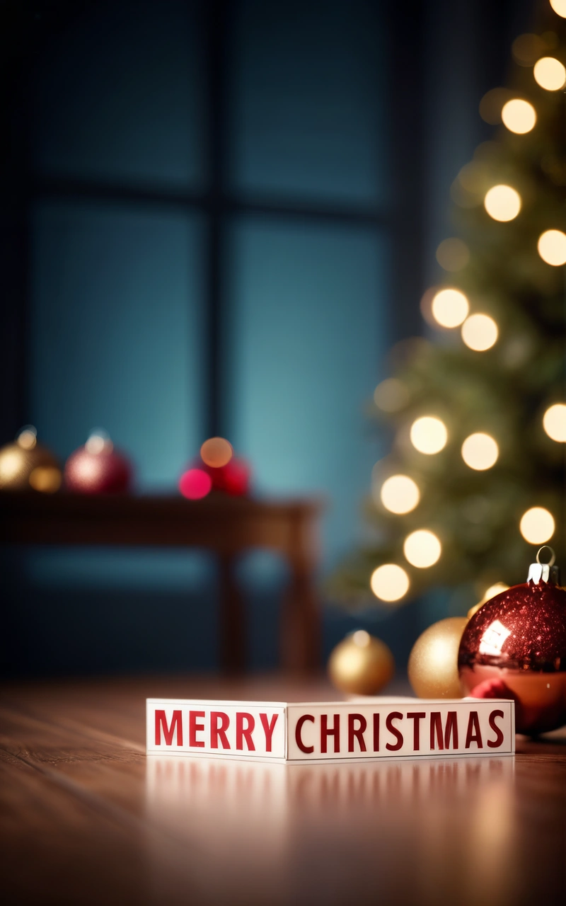 A Christmas tree with a Merry Christmas sign on it and a lit up Christmas tree in the background with lights on the windowsill and a table, plain background, a digital rendering, naive art