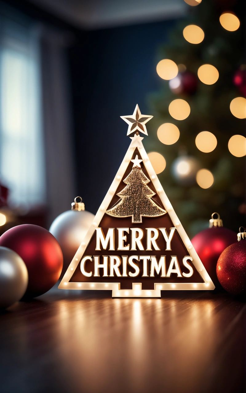 A Christmas tree with a Merry Christmas sign on it and ornaments around it on a table with a Christmas tree in the background and a window, plain background, a digital rendering, naive art