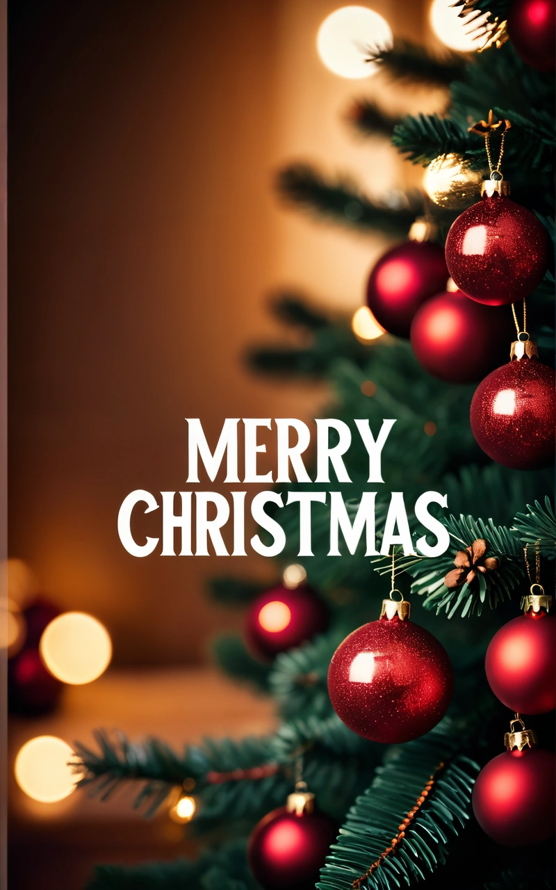 A Christmas tree with red ornaments and a Merry Christmas message on it's side and a brown background with lights in the background and a white text box, plain background, a digital rendering, naive art